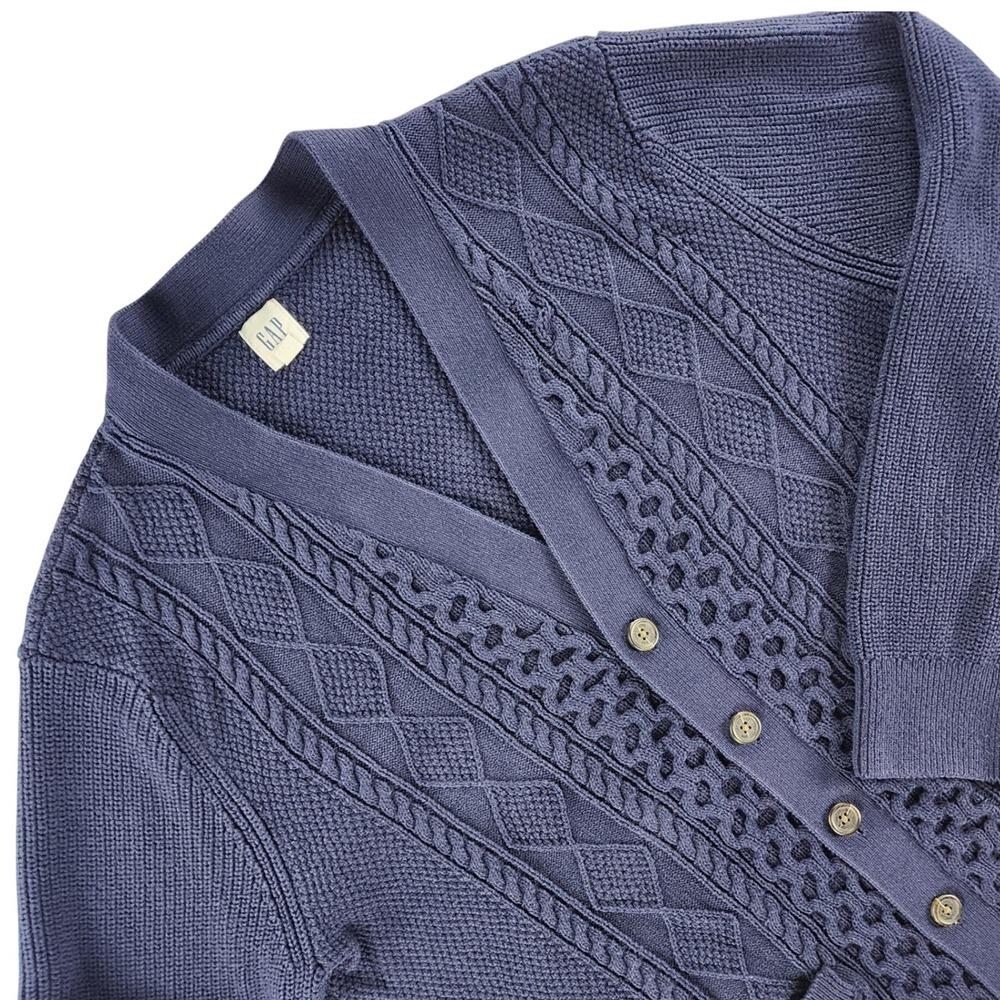 Gap Cardigan Sweater Mens XL Blue Cable Knit 100% Cotton Button Front Pocket